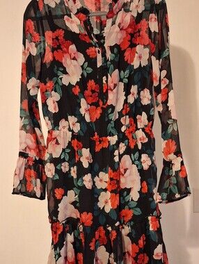 Calvin Klein Black Floral Tunic Dress with Red and White Flowers